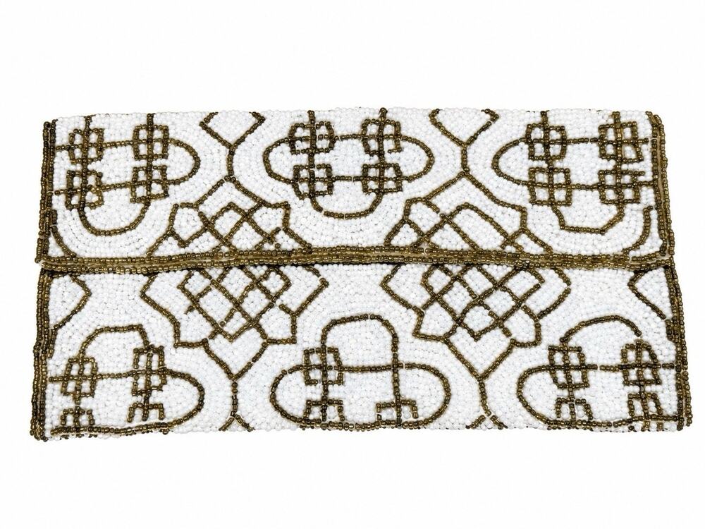 handcrafted clutch white and gold-tone beads geometric pattern